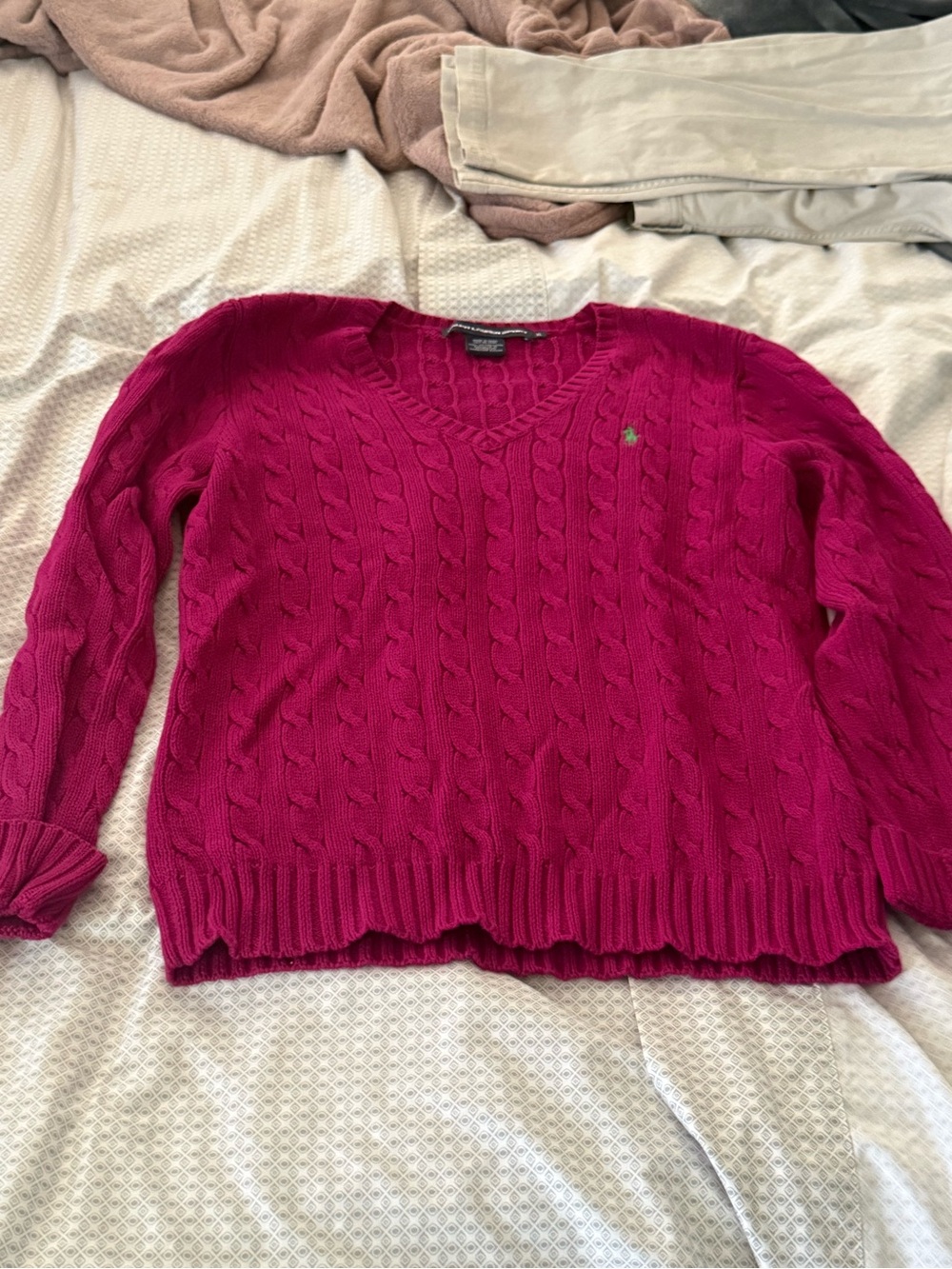 Ralph Lauren Fuchsia Cable-Knit V-Neck Sweater